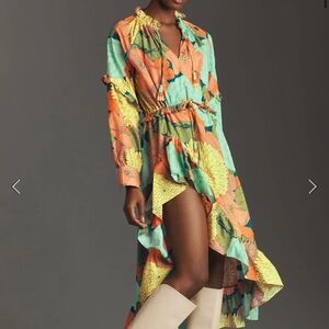 Farm Rio Long-Sleeve Floral Asymmetrical Midi Dress